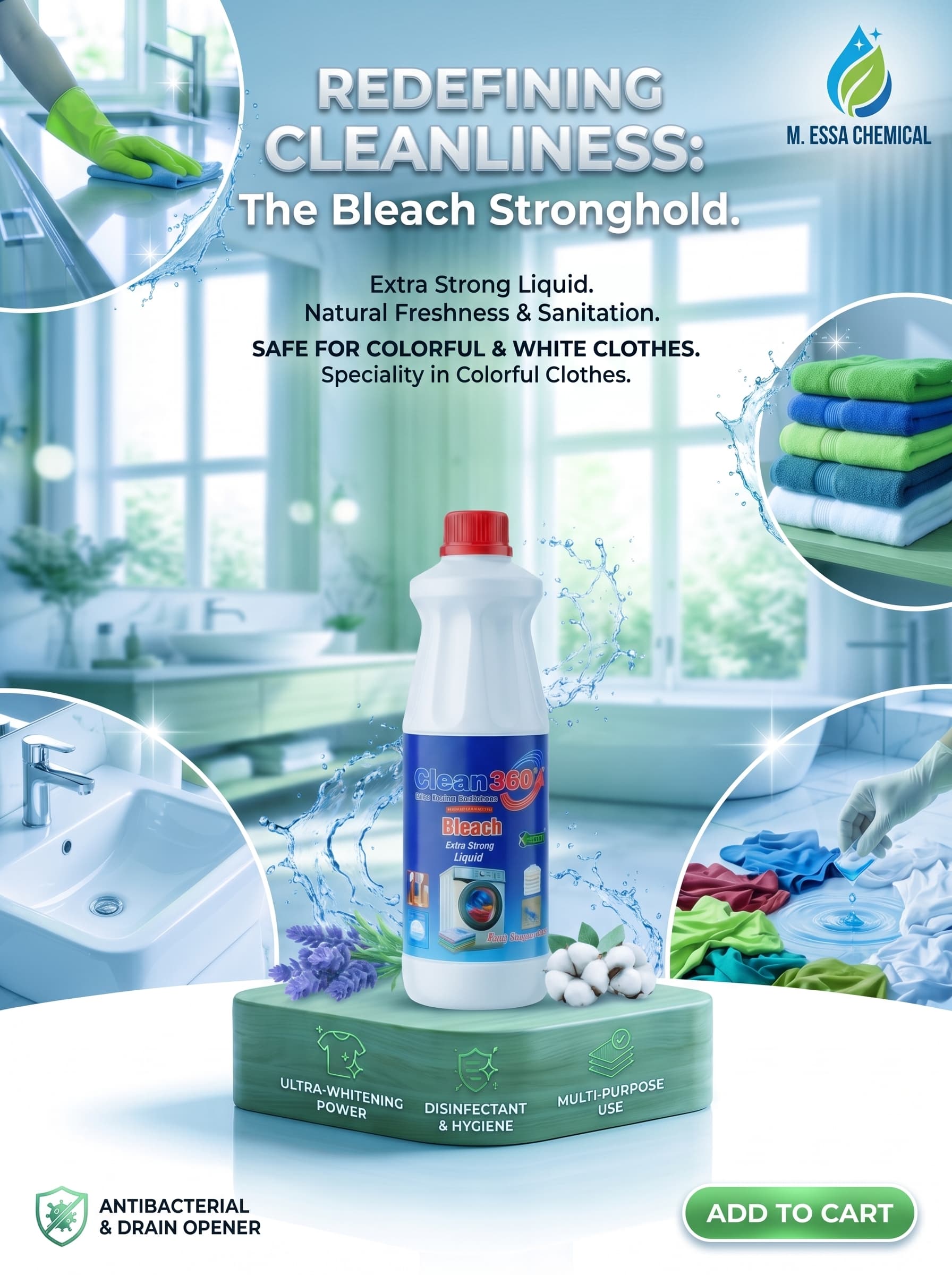 Clean360 Extra Strong Liquid Bleach Bottle for Household Cleaning and Laundry Whitening