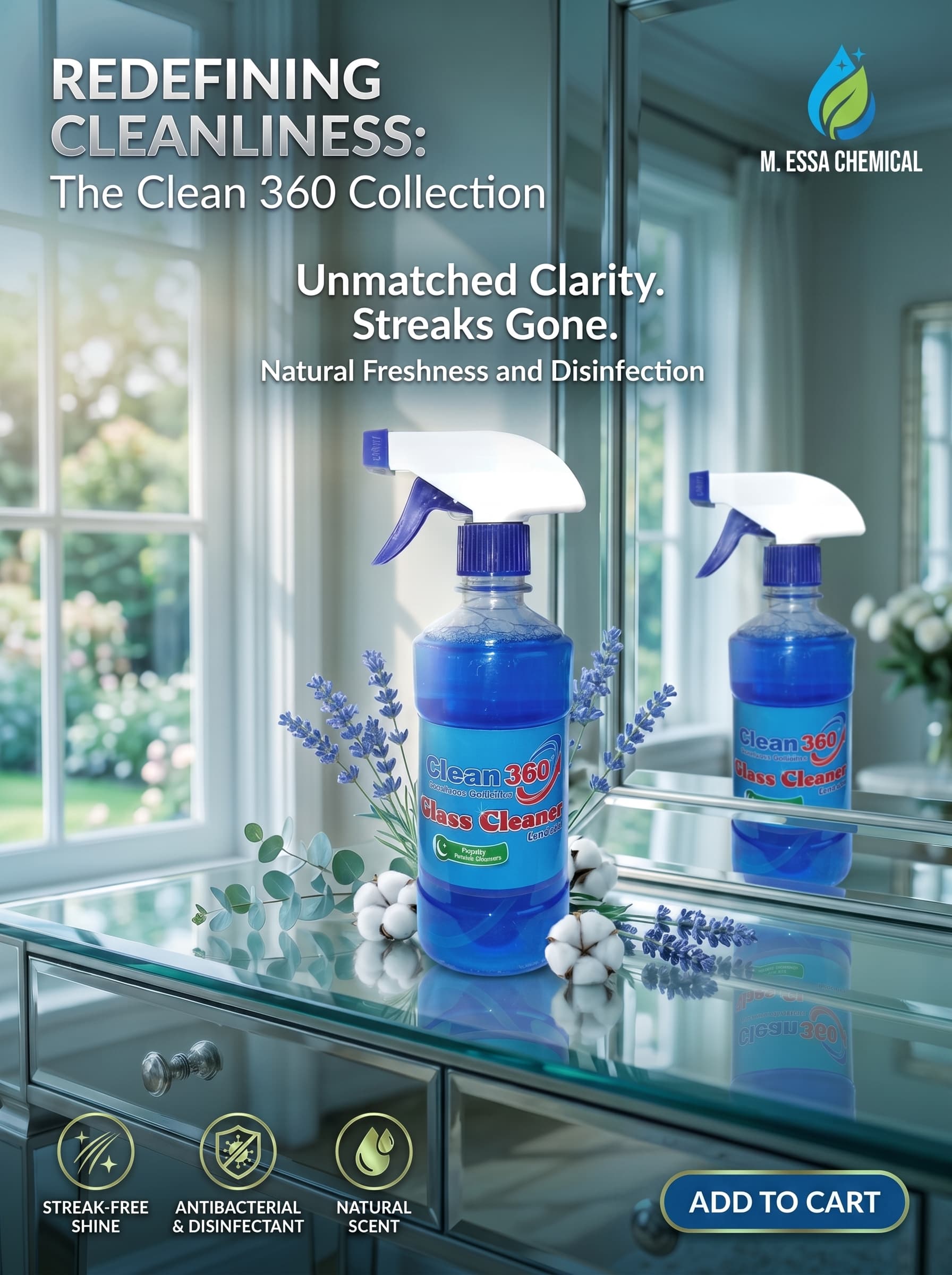 Clean360 Glass Cleaner Spray Bottle for Windows, Mirrors and Glass Surfaces